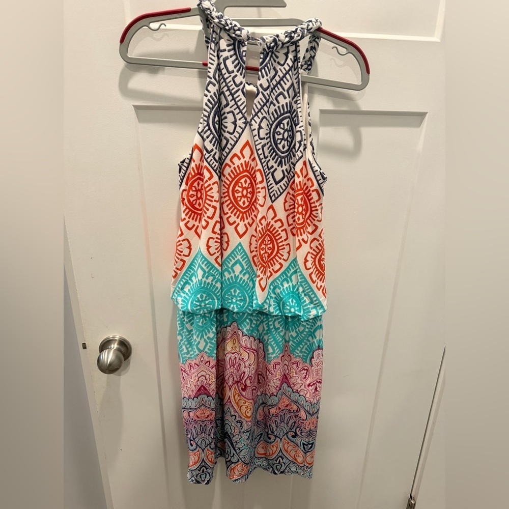 London Times Multicolor Boho Halter Dress Braided Neck Size 4 - Picture 6 of 11